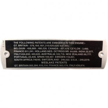 Rocker Cover Aluminium Badge "PATENTS" (1965 on)