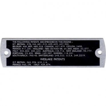 Rocker Cover Aluminium Badge "PATENTS" (Up to 1965)