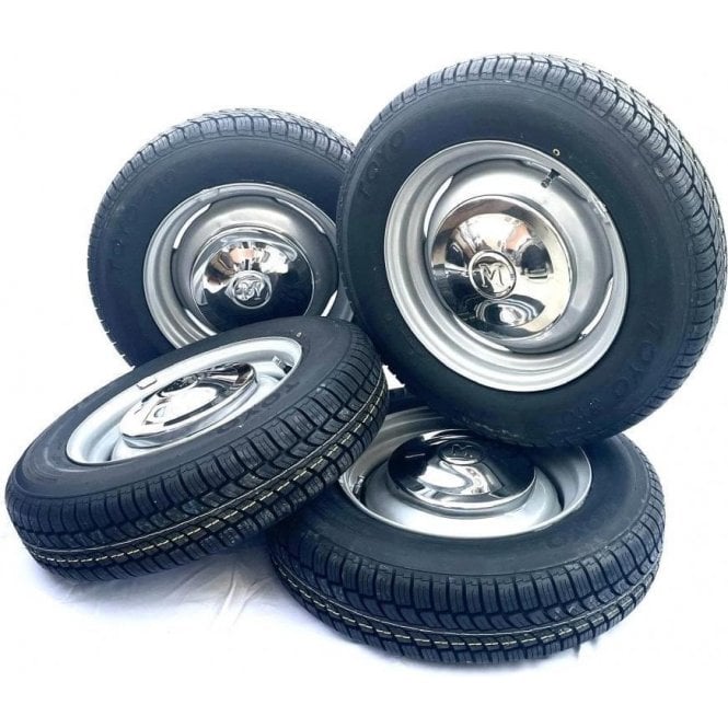 SET OF 4 Wheels & Tyres (Mounted) Wide 4.5J in SILVER with 155/14 Toyo Radial Tyre & S/S Hubcaps