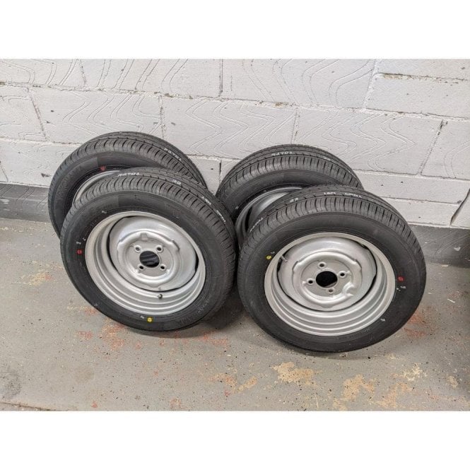 SILVER SET of 4 Wide Steel Wheels 5.5"x14" (4" PCD) with TYRES & Stainless 'M' Hubcaps