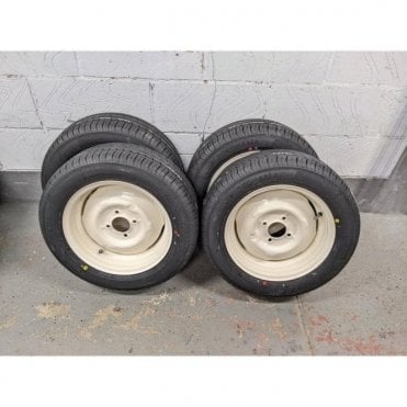 WHITE SET of 4 Wide Steel Wheels 5.5" x 14" (4" PCD) O.E.W. with 185/60 Tyres & 'M' Stainless Hubcaps