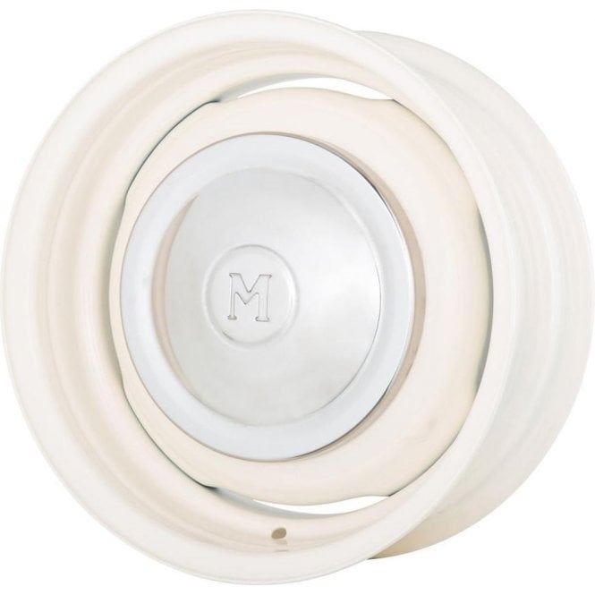Wide Steel Road Wheel-5.50"/14 (4" PCD) OLD ENGLISH WHITE with 'M' Stainless Hubcap