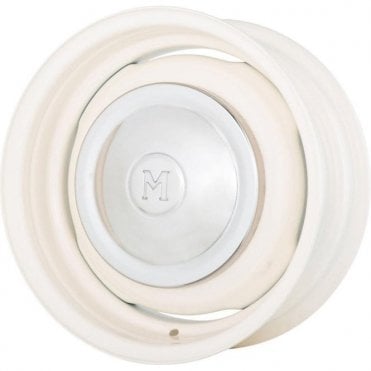 Wide Steel Road Wheel-5.50"/14 (4" PCD) OLD ENGLISH WHITE with 'M' Stainless Hubcap