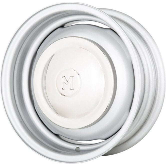 Wide Steel Road Wheel-5.50"/14 (4" PCD) SILVER with 'M' Stainless Hubcap